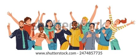 Diverse group of men and women of various ethnicities, joyfully celebrating. Smiling faces, arms raised or around each other. Simple uncluttered background highlights their unity and happiness.