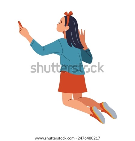 Left handed girl drawing with chalk standing on knees flat color vector illustration. Child artist decorating wall concept icon on white background