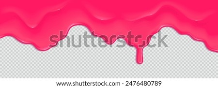 Realistic 3D dripping glossy pink chewing gum isolated on a transparent background. Border of flowing sticky sweet slime. Vector template of slime, cream or caramel icing for cake or donut