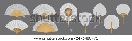 Asian handheld fans of bamboo and paper realistic vector illustration set. Oriental souvenir accessory 3d objects on grey background