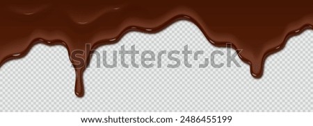 Drops of chocolate glaze drip down from the top. Chocolate icing pours on transparent background.Realistic 3D thick and rich chocolate icing for decoration or advertising banner. Copy space for text