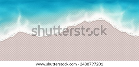 Sea wave with foam rolling on coast realistic vector illustration. Ocean lagoon top view. Exotic beach surf line 3d object on transparent background