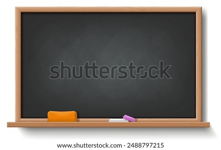 Realistic vector illustration of blank chalkboard on white background. Lively design enhances visual appeal of educational settings with chalk and sponge