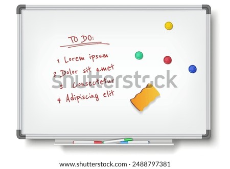 Modern office whiteboard with plans to do on white background. Vector illustration of whiteboard demonstrating concise plans and tasks