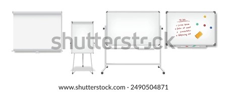 Office presentation boards collection on white background. Whiteboards used for meetings presentations and collaborative work 3d objects