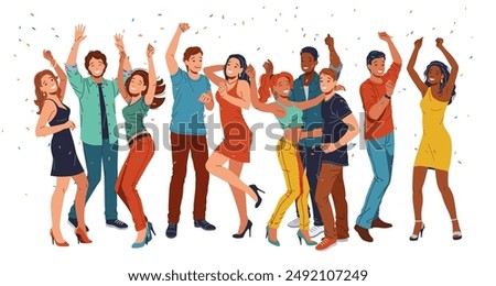 Fun-filled dance party with multiethnic clubbers cartoon. Energetic pack of flat illustrations depicting partygoers having great time on white background