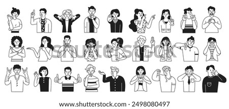 Characters with different gestures doodle line cartoon illustration set. Nonverbal communication signs linear vector people collection