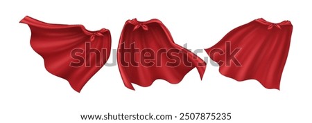 A set of pictures showing superhero capes made of red cloth. These capes look very real and are shown in 3D on a see-through background.