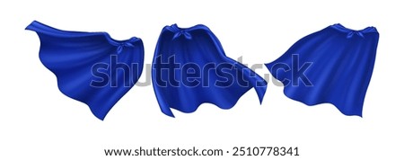 A set of cool blue superhero capes that look real. These capes seem to be flying in the wind, and they come in a bunch, all shown on a white background.