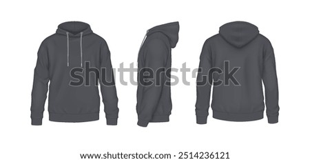 Gray sportive hoodies with copy space realistic vector illustration set. Cozy clothing with design mockup 3d models on white background