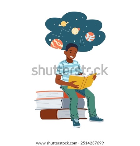 Black boy reads about planets sitting on stack of books flat color vector illustration. Happy teenager learns astronomy concept icon on white