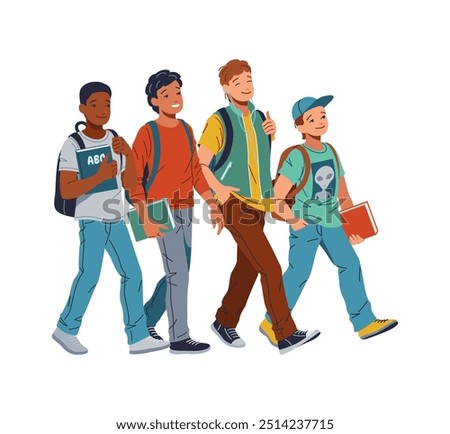 Happy multiethnic boys going to school flat color vector illustration. Teenage students group walking together to lesson concept icon on white