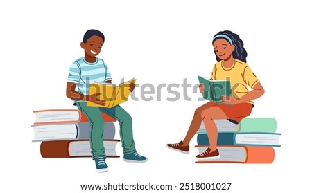 Girl and boy read sitting on stack of books illustration