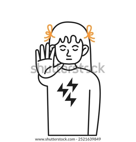 Little girl with closed eyes showing stop gesture color line vector icon. Child saying no to violence and discrimination character illustration