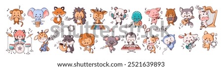 Kawai animals playing musical instruments flat color vector illustration set. Funny musicians performance icons on white background collection