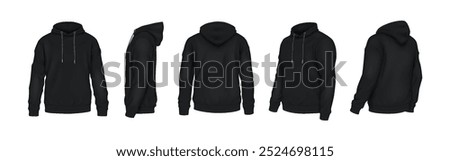 Black hoodies with logo mockup realistic vector illustration set. Sportswear of cotton fabric with copyspace 3d models on white background