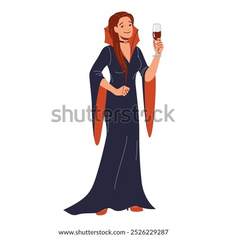 Young woman in vampire costume holds wineglass flat color vector illustration. Happy Halloween party guest cartoon image on white background