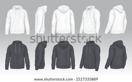 Black and white mockup hoodies realistic vector illustration set. Casual attire with design template 3d models on grey background