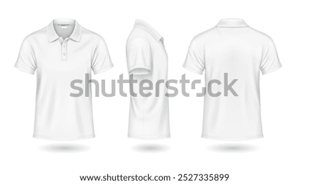 Casual white polo shirts front back and side view mockup design realistic vector illustration set. Classic t-shirt with copyspace 3d models on white background