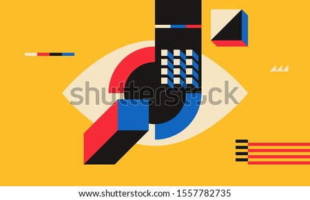 Bauhaus popular pattern illustration. Colorful flat cartoon character background in trendy 90s style. Young people texture geometric team mosaic block. Complex relevance composition.
