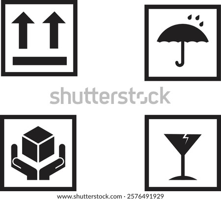 Minimalist packaging and shipment instruction symbols.Includes four icons: This Side Up, Keep Dry, Handle with Care, and Fragile. Perfect for use in packaging design to ensure safe handling transport 