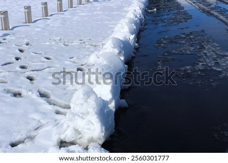 Similar – Image, Stock Photo Shoving snow on the roof. Remove snow from solar system