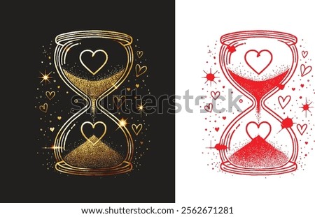 Elegant hourglass illustration split into two designs - one golden and sparkling, the other red with ink splatters. Romantic and artistic representation of time and love