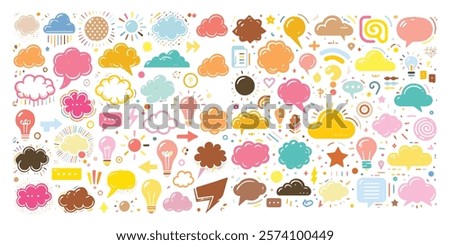 A Colorful Mix of Speech Bubbles, Clouds, Light Bulbs, and Icons in a Playful and Abstract Vector Illustration for Creative Design Projects