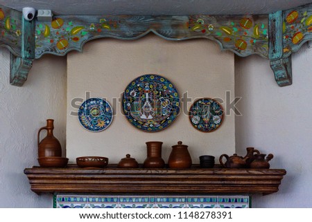 The clay set of Crimean-Tatar kitchen utensils in an authentic restaurant Stok fotoğraf © 