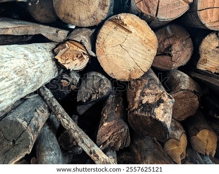 Foto Bild Gestapeltes trockenes graues Holz für den Kamin im Winter vor einer alten Scheune auf einem Bauernhof in Rudersau bei Rottenbuch im Kreis-Weilheim-Schongau in Oberbayern