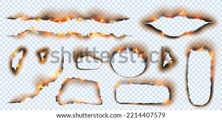 Various shapes of burned and torn paper with flame effects on transparent background. Use these elements for creative compositions in digital design.