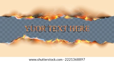 Burnt paper realistic set with isolated upper and lower borders of burning sheet with editable text and flames of fire vector illustration on transparent background vector illustration.