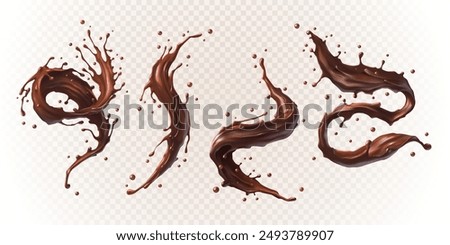 A highly detailed, realistic vector illustration of a liquid chocolate splash, showcasing the rich texture and fluid motion of chocolate in mid-air. Ideal for use in advertising, packaging, and digita