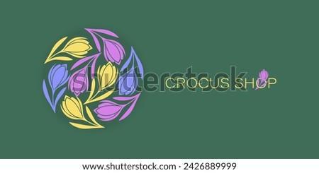 Crocus. Poster. Saffron flowers. Logo, emblem. Crocus shop. Spring flowers on a green background