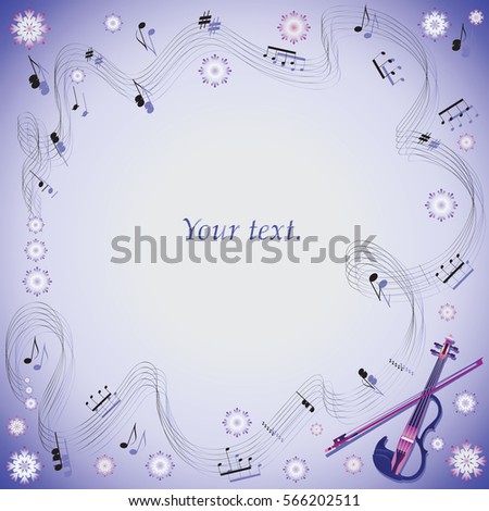 Winter song. Violin. Frame. For programs, Anons in Newspapers, invitations to the evening of music. Composition with snowflakes for greetings with winter holidays.