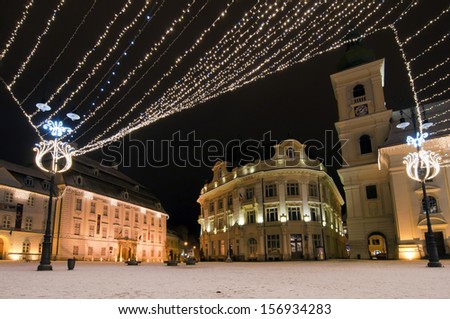 Christmas lights in main square of old town Sibiu - Brukenthal Museum