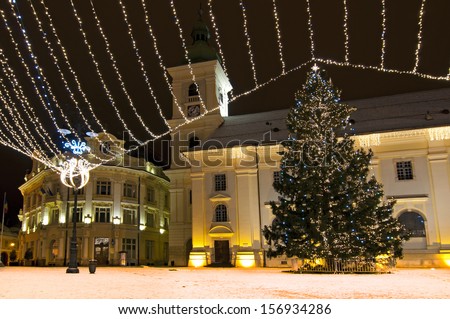 Christmas tree and lights in old town square in Sibiu Transylvania Romania