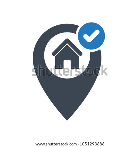 Correct house location icon. Address icon with check sign. Address icon and approved, confirm, done, tick, completed symbol. Location, address, correct, house, icon, point, tick, accept, agree, apply