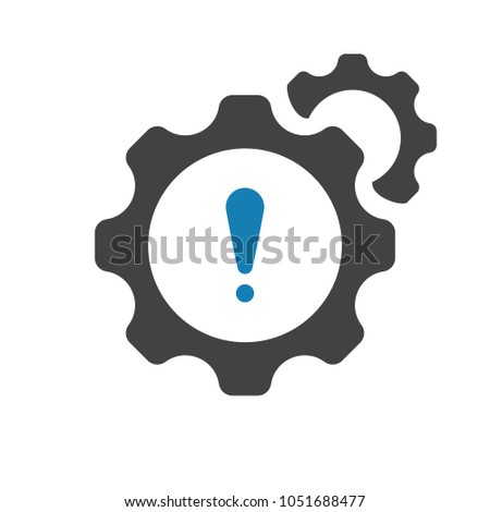 Settings icon with exclamation mark. Settings icon and alert, error, alarm, danger symbol. Engine, icon, danger, machine, alarm, alert, attention, black, business, caution, clock