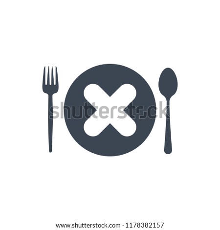 Restaurant icon, fork and spoon, plate icon with cancel sign. Restaurant icon and close, delete, remove symbol