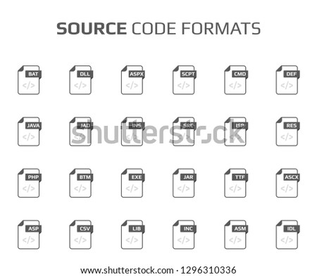 Flat style icon set. Source code, programming file type, extencion. Document format. Pictogram. Web and multimedia. Computer technology. Vector