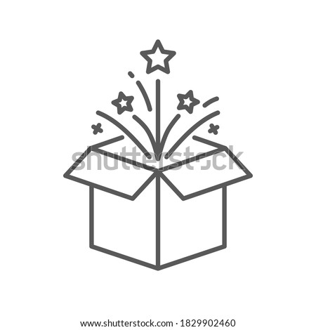 Magic box outline icon. linear style sign for mobile concept and web design. Open gift box and magic stars simple line vector icon. Symbol, logo illustration