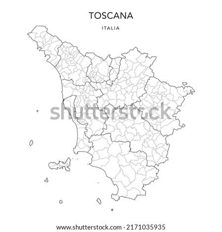 Vector Map of the Geopolitical Subdivisions of the Region of Tuscany (Toscana) with Provinces and Municipalities (Comuni) as of 2022 - Italy