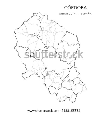 Geopolitical Vector Map of the Province of Cordova (Córdoba), Andalusia with Jurisdictions (Partidos Judiciales), Comarques (Comarcas) and Municipalities (Municipios) as of 2022 - Spain