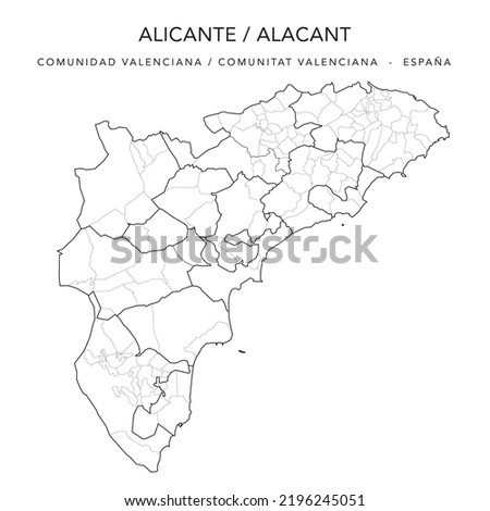 Administrative Map of the Province of Alicante (Valencian Community) with Jurisdictions (Partidos Judiciales), Comarques (Comarcas) and Municipalities (Municipios) as of 2022 - Spain - Vector Map