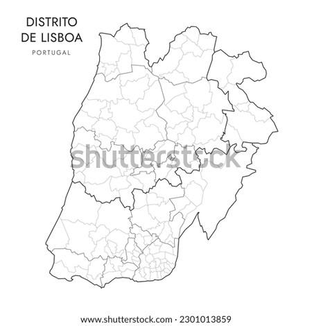 Vector Map of Lisbon District (Distrito de Lisboa) with administrative borders of Regions, Subregions, Municipalities (Concelhos) and Civil Parishes (Freguesias) as of 2023 - Portugal