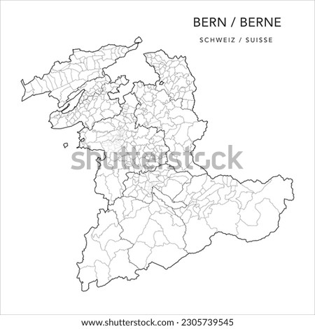Vector Map of the Canton of Bern or Berne with Borders of the Administrative Regions, Districts, Municipalities (Gemeinde Communes) and City Quarters of Berne, Köniz, and Thun as of 2023 - Switzerland