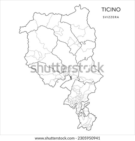 Vector Map of the Canton of Ticino with the Administrative Borders of Districts (Distretti), Municipalities (Comuni) and Quarters (Quartieri) and Circles (Circoli) of Lugano as of 2023 - Switzerland