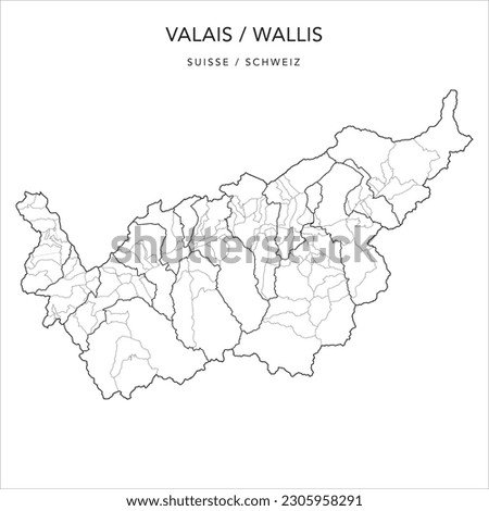 Vector Map of the Canton of Valais (Wallis) with the Administrative Borders of Districts (Bezirke) and  Municipalities (Communes Gemeinde) as of 2023 - Switzerland (Suisse Schweiz)