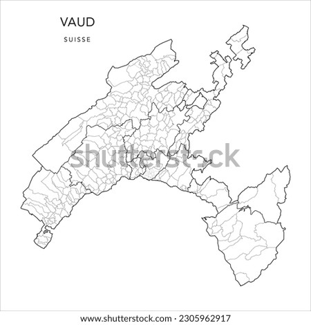 Vector Map of the Canton of Vaud with the Administrative Borders of Districts, Municipalities (Communes) and the Quarters (Quartiers) of Lausanne as of 2023 - Switzerland (Suisse)